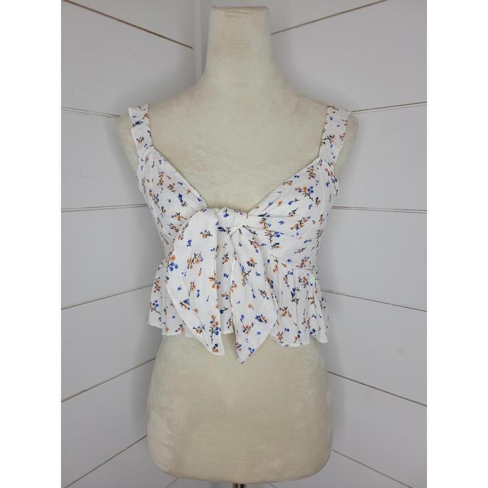 American Eagle Outfitters xs white with flowers cropped peplum shirt